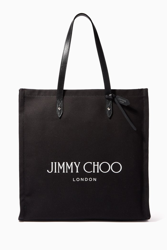 Logo Tote Bag in Canvas with Leather Handles, Black