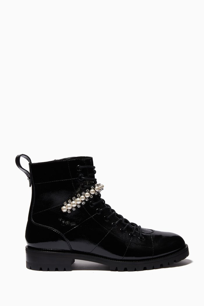 

Cruz Flat Combat Boots with Crystals & Pearls in Naplack, Black