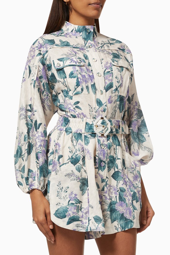 

Cassia Panelled Playsuit in Floral Linen, Blue