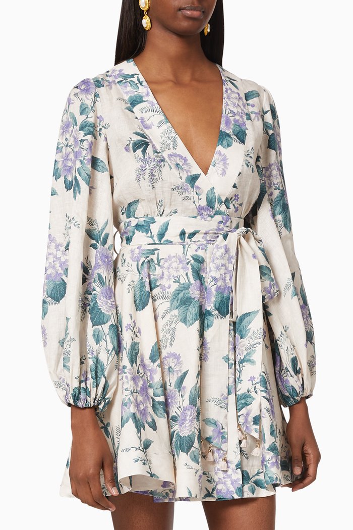 Cassia Wrap Short Dress in Linen, Blue