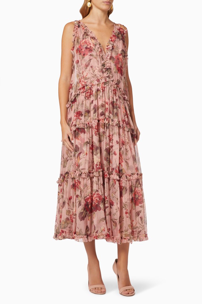 Cassia Frill Midi Dress in Silk, Pink
