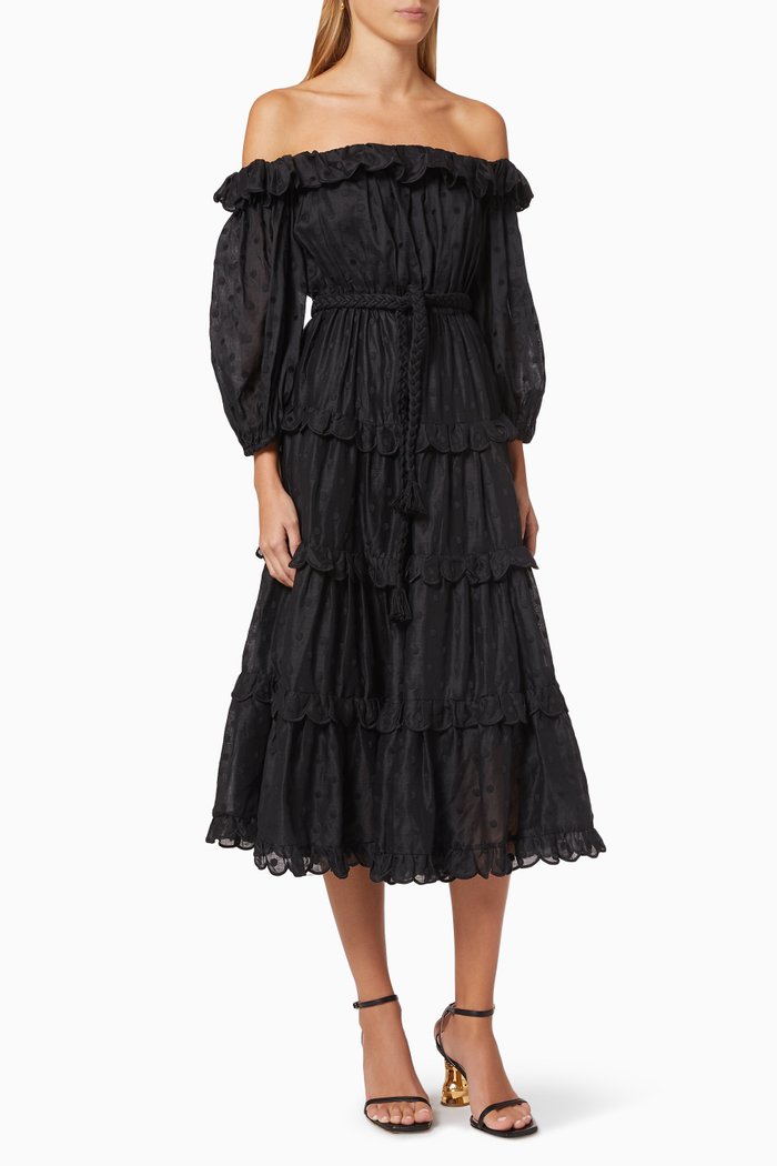 

Mae Dot Midi Dress in Ramie, Black