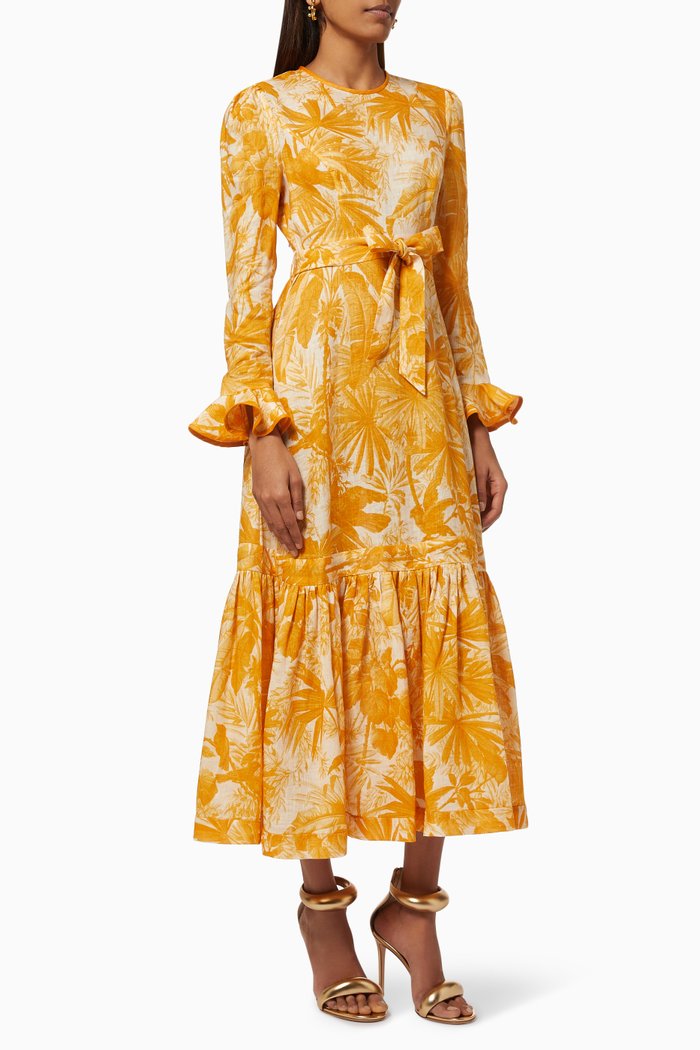 

Mae Frill Midi Dress in Linen, Yellow