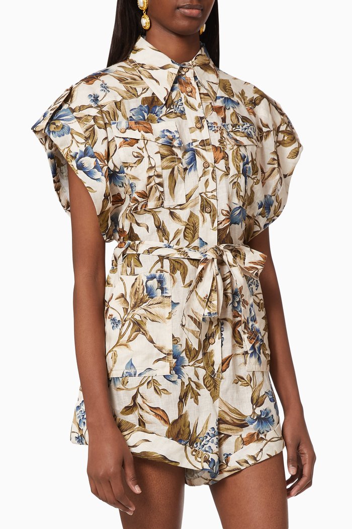 Aliane Roll Cuff Playsuit in Linen, Multicolour