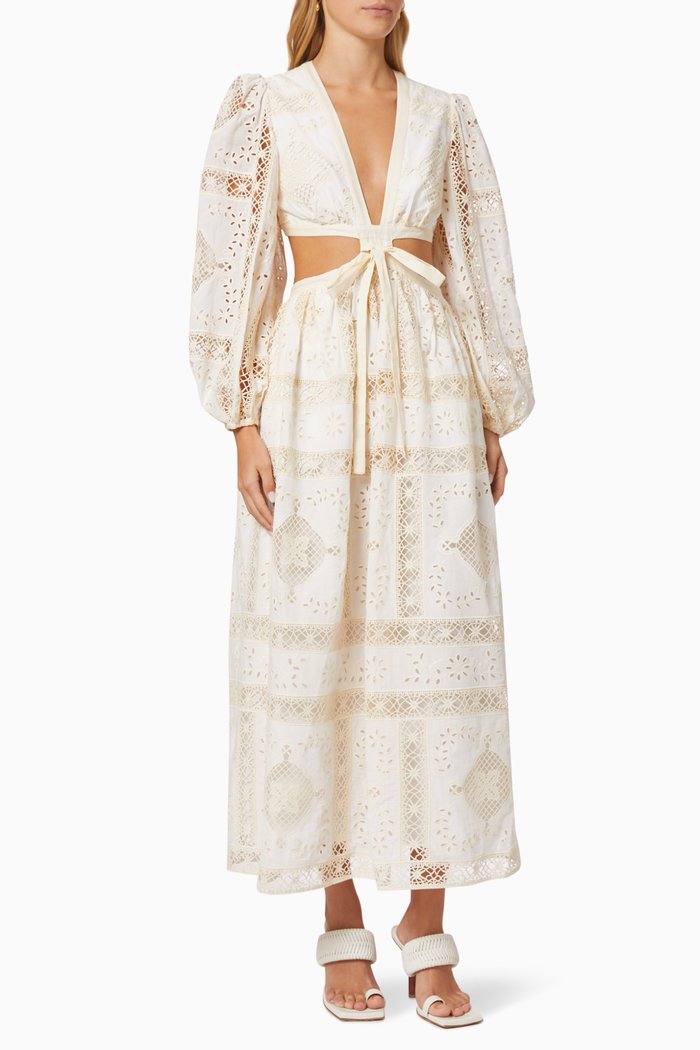

Aliane Embroidered Long Dress in Cotton, Neutral
