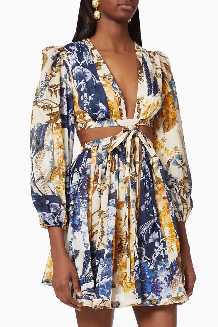 Aliane Cut Out Short Dress in Cotton, Multicolour