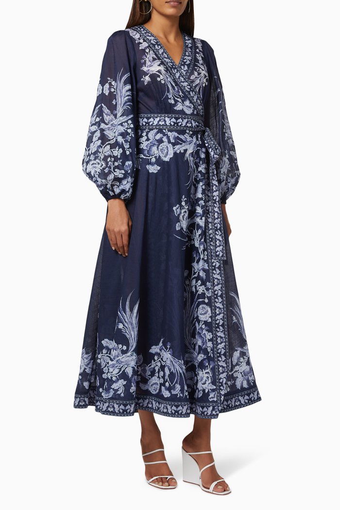 

Aliane Wrap Long Dress in Linen, Blue