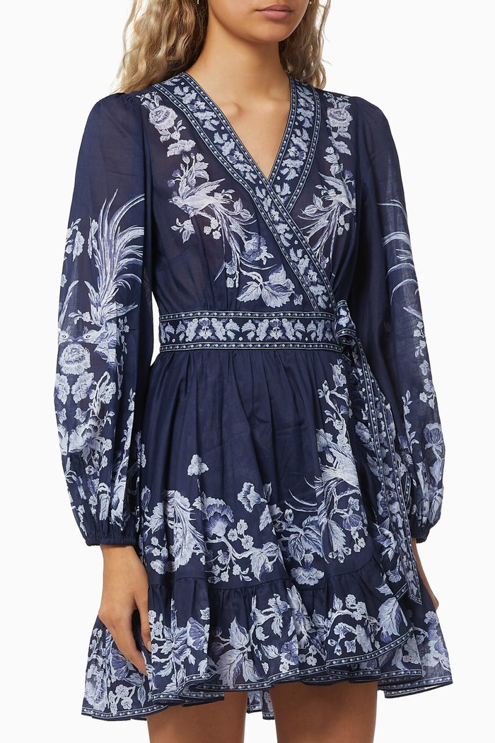 

Aliane Frill Wrap Mini Dress in Cotton, Blue