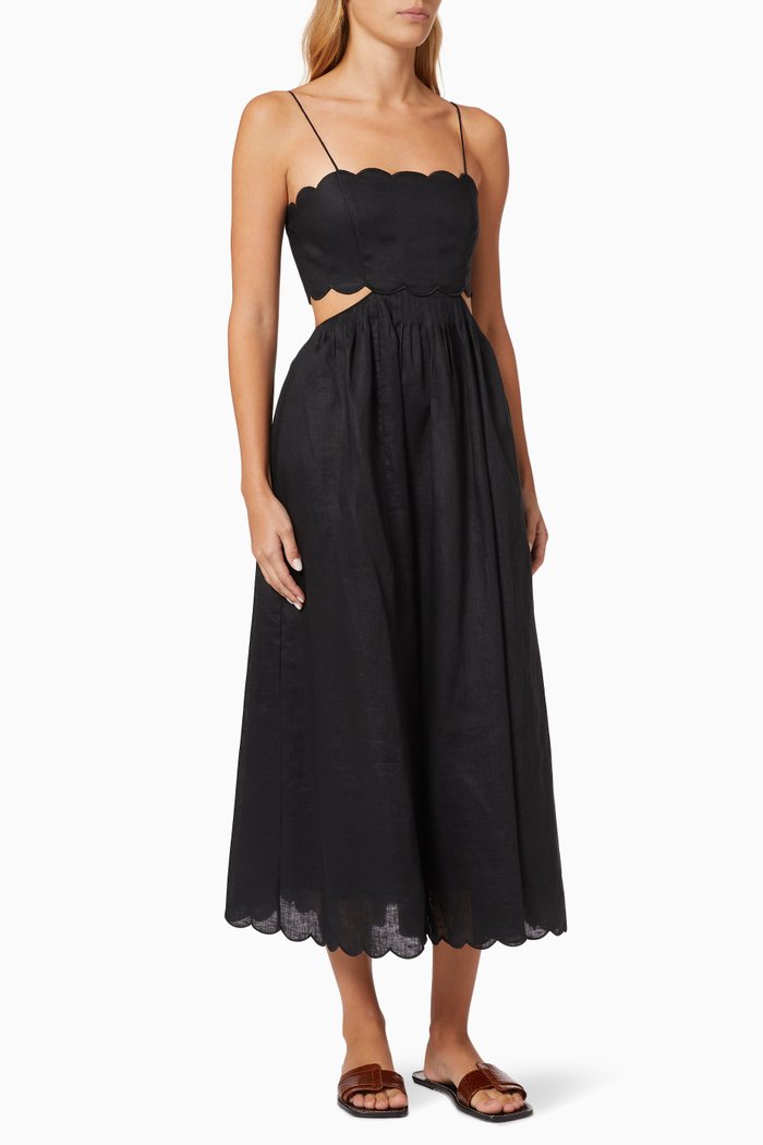 

Aliane Scallop Midi Dress in Linen, Black
