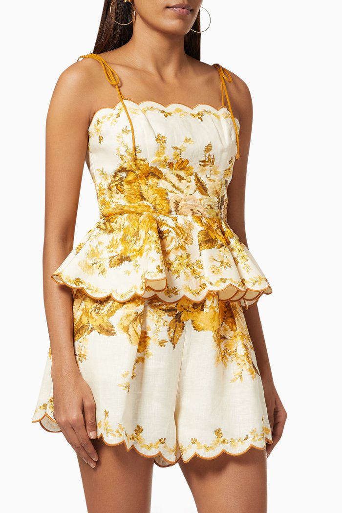 

Aliane Scallop Peplum Top in Linen, Yellow