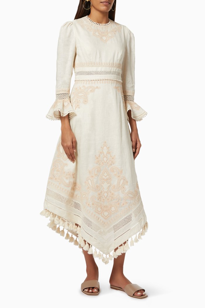 

Estelle Paisley Long Dress in Linen, Neutral