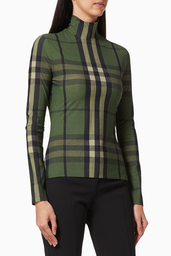 

Turtleneck Top in Check Stretch Jersey, Green