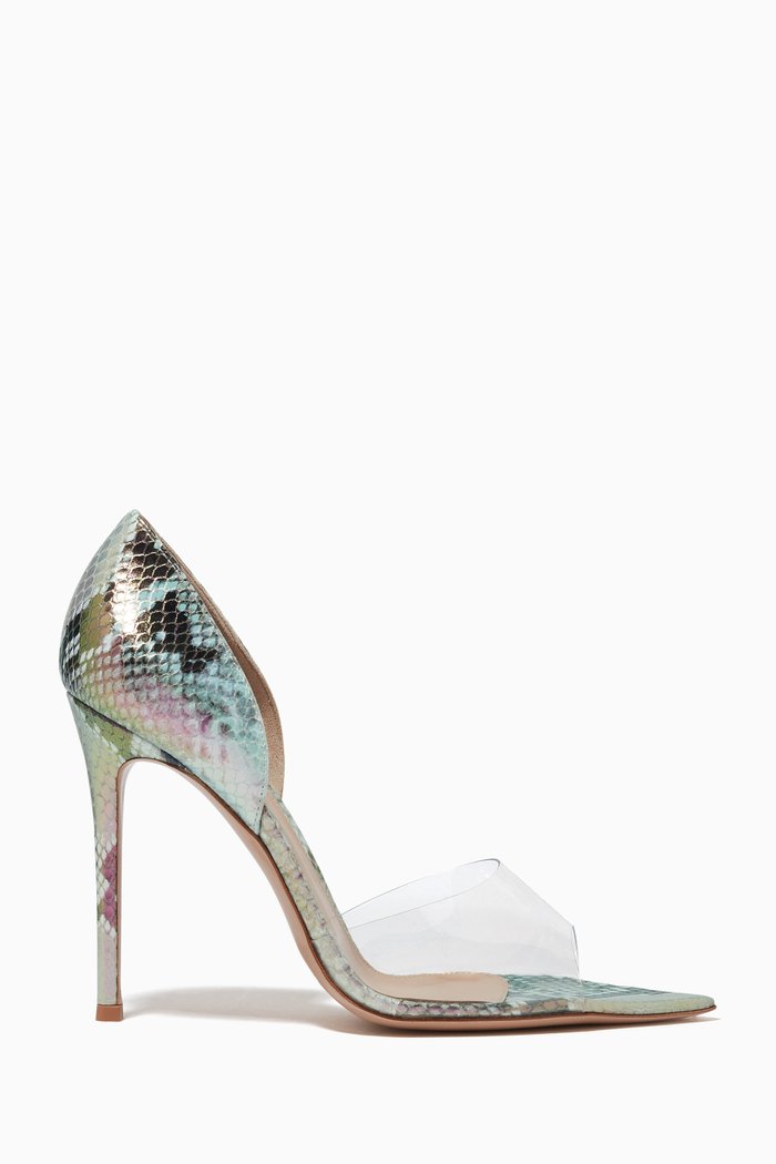 

Alise 105 Mules in Snake-embossed Leather & Plexi, Blue