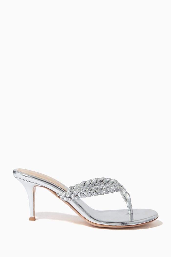 

Crystal Tropea 70 Thong Mules in Metallic Nappa, Silver