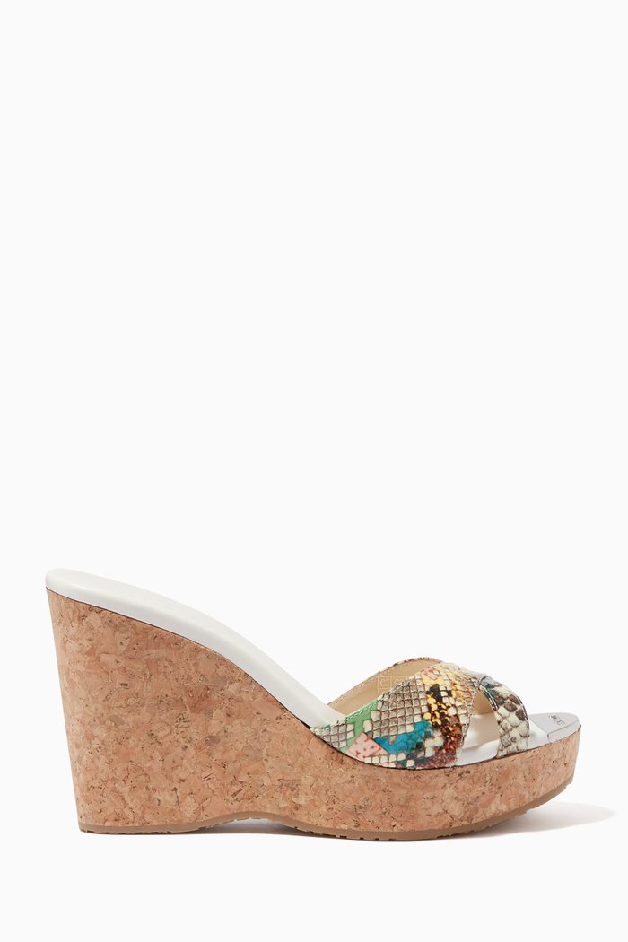 

Perfume 120 Wedge Sandals in Glossy Rainbow Elaphe, Pink