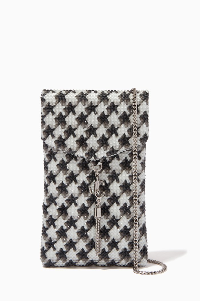 

Soft Phone Holder in Star Houndstooth Printed Satin with Crystals, Brown