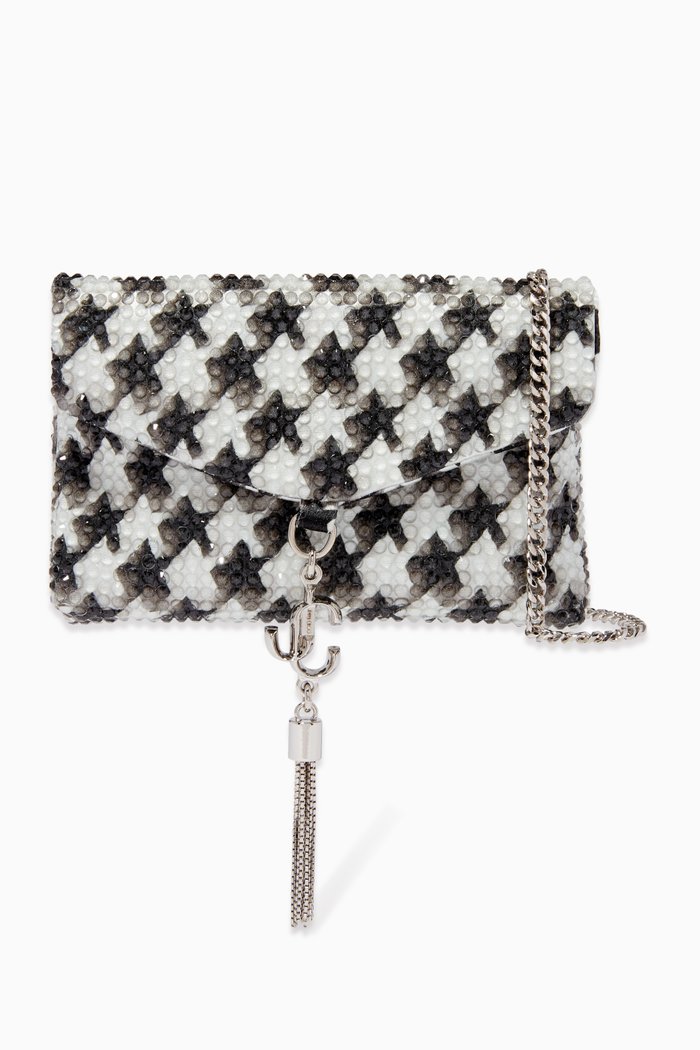 

Soft Card Holder in Star Houndstooth Printed Satin with Crystals, Brown