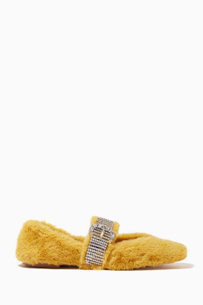 

Krista Crystal Buckle Flats in Faux Fur, Yellow
