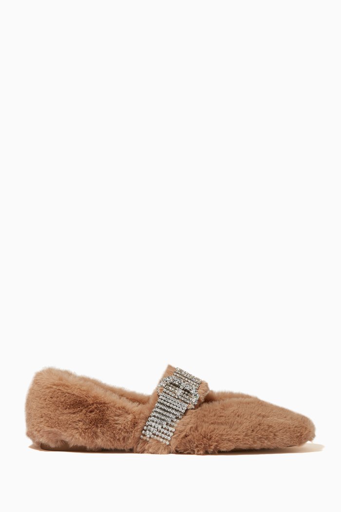 

Krista Crystal Buckle Flats in Faux Fur, Brown