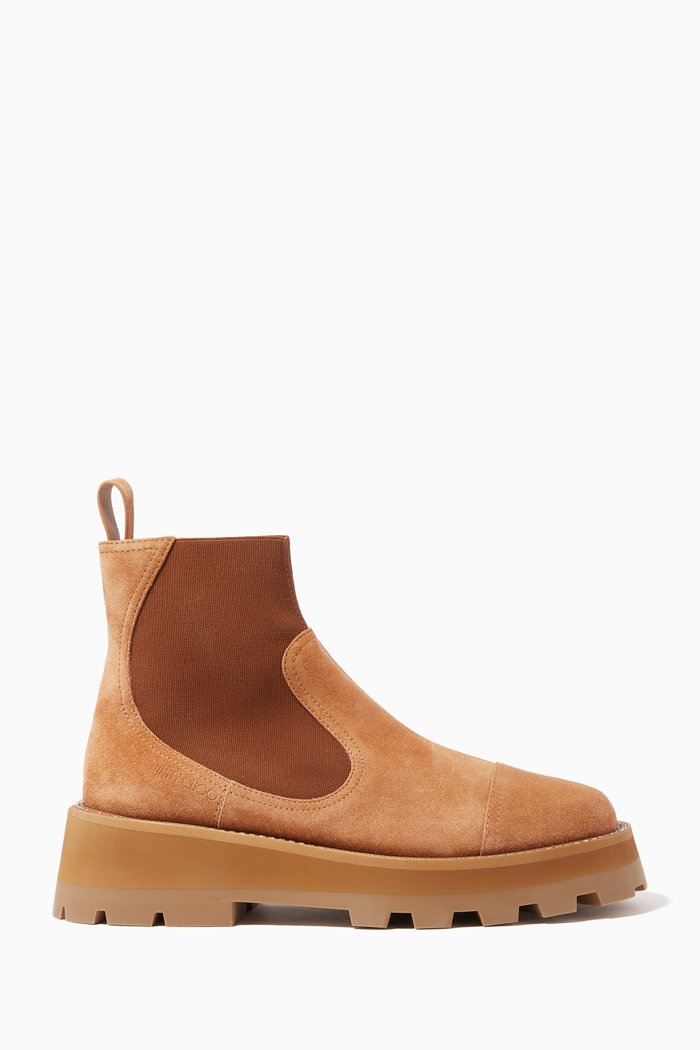 

Clayton Ankle Flat Boots with Crystals in Soft Suede, Brown