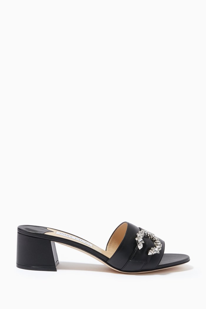 

Minea 45 Sandals with Crystal Buckle in Leather, Black
