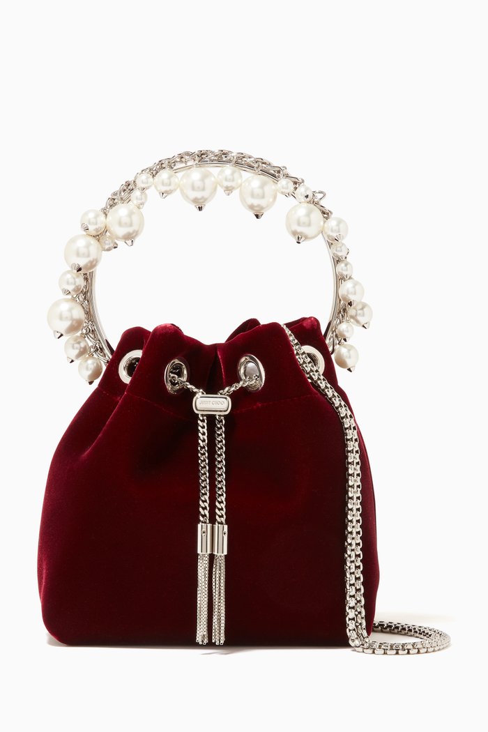 

Bon Bon Top Handle Bag with Pearls in Velvet, Red