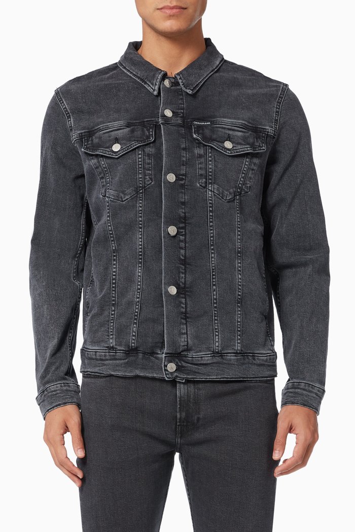

Vintage Wash Denim Jacket in Stretch Cotton, Grey