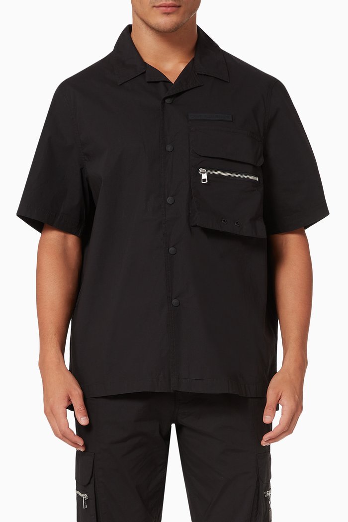 

Relaxed Short Sleeve Shirt in Stretch Poplin, Black