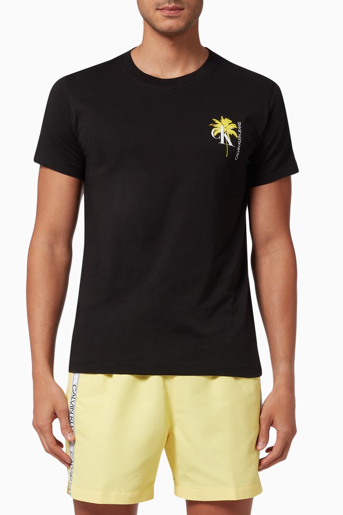 Palm Print T-shirt in Organic Cotton, Black