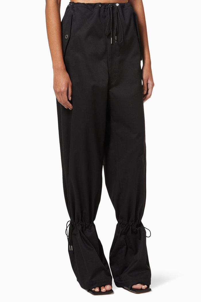Eyelet Tie Wide-leg Pants in Cotton, Black