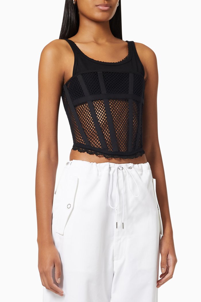 

Suspended Corset Top in Cotton & Mesh, Black