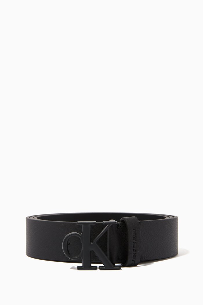 

CK Rounded Monogram Plaque Belt in Smooth Leather, Black