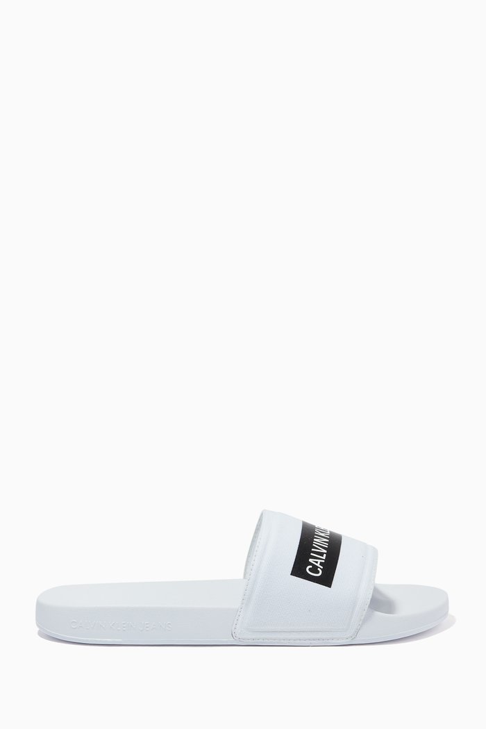 Embossed Logo Slides in Cotton Canvas, White