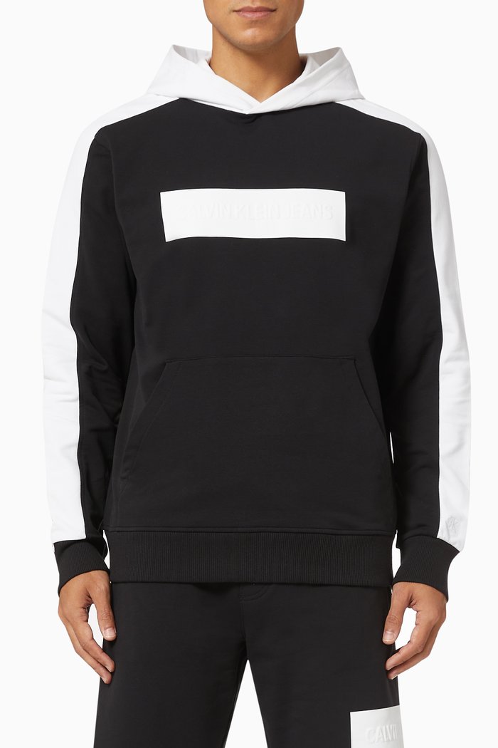 

Colour Block Embossed Logo Hoodie in Cotton Terry, Black