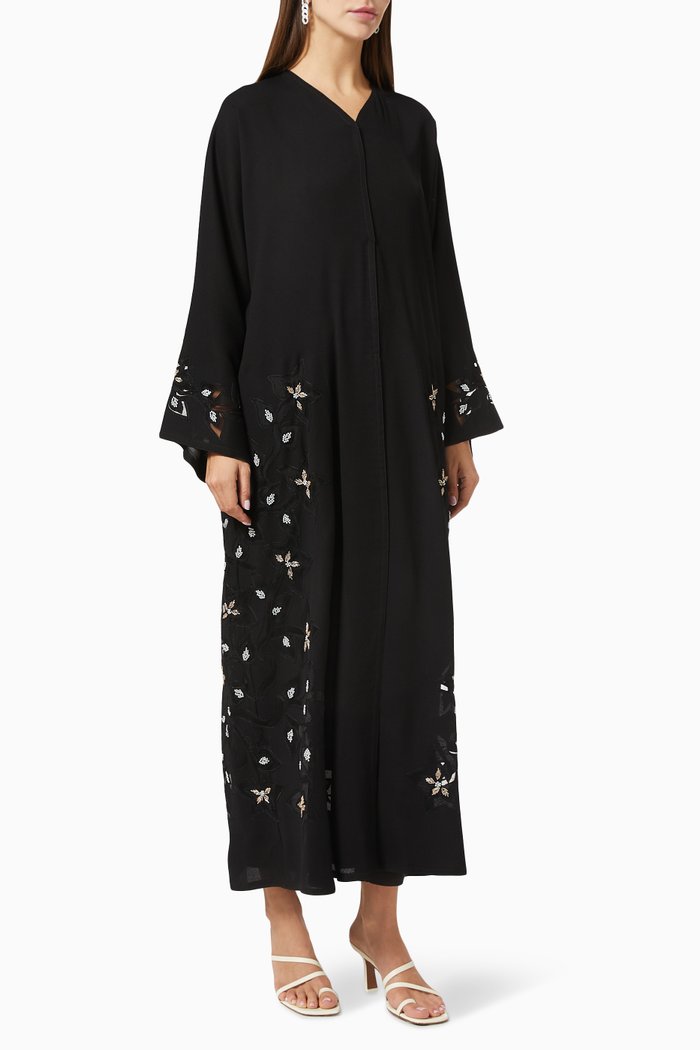 Floral Embroidered Abaya in Crepe, Black