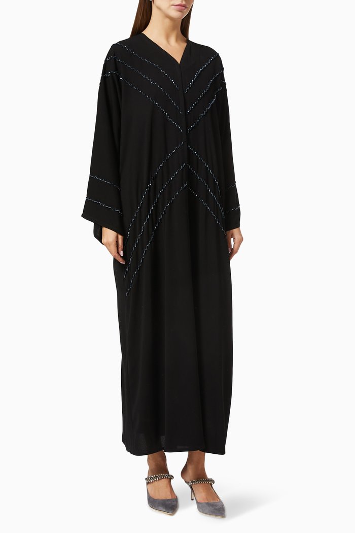

Beaded Embroidered Abaya in Crepe, Black