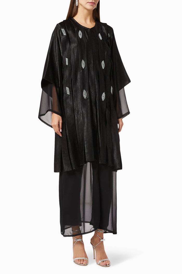 

Crystal Pleated Abaya in Organza, Black