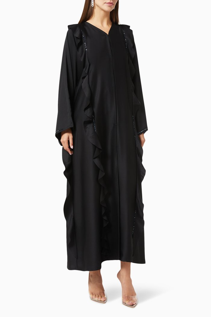 

Ruffle Beaded Abaya in Crepe, Black