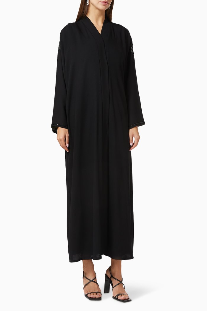 Feather Embroidered Abaya in Crepe, Black