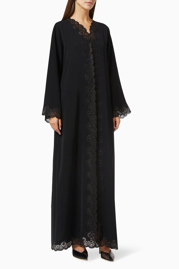 Floral Embroidered Trim Abaya, Black