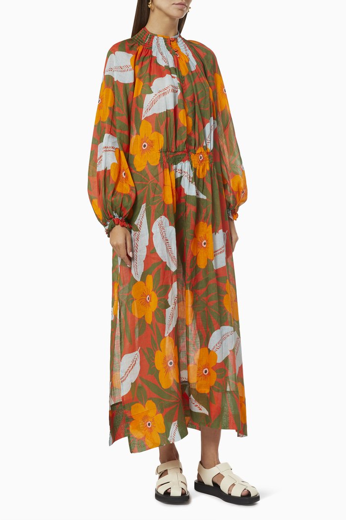 

Oleander Dress in Floral Ramie, Orange