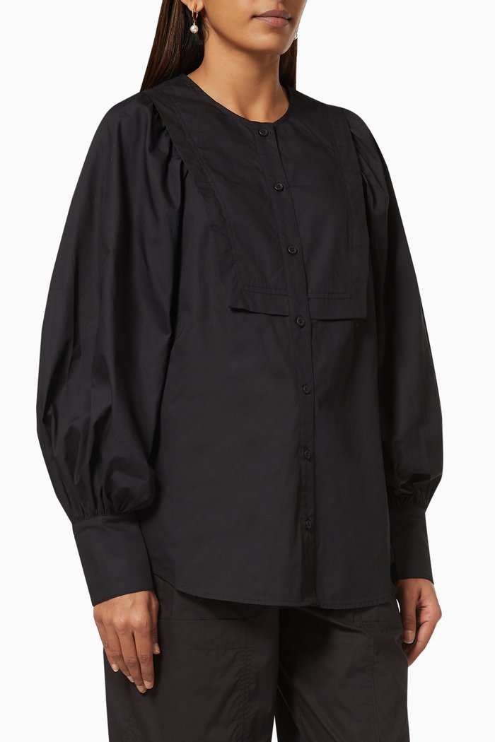 

Frances Balloon Sleeve Bib Shirt in Organic Cotton, Black