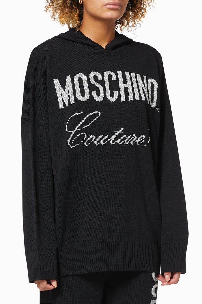 Knitted Hoodie with Metallic Intarsia Logo, Black