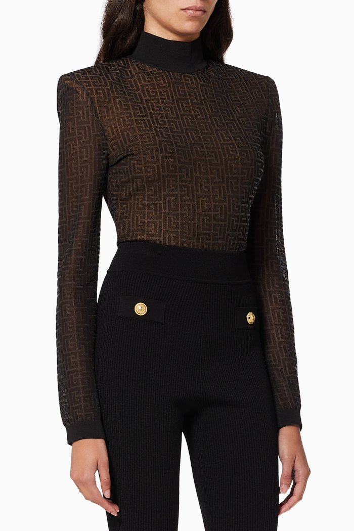 

Padded Shoulder Bodysuit in Monogram Jacquard, Black