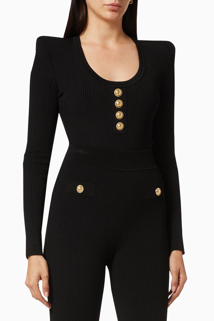 

Knit Bodysuit with Buttons, Black
