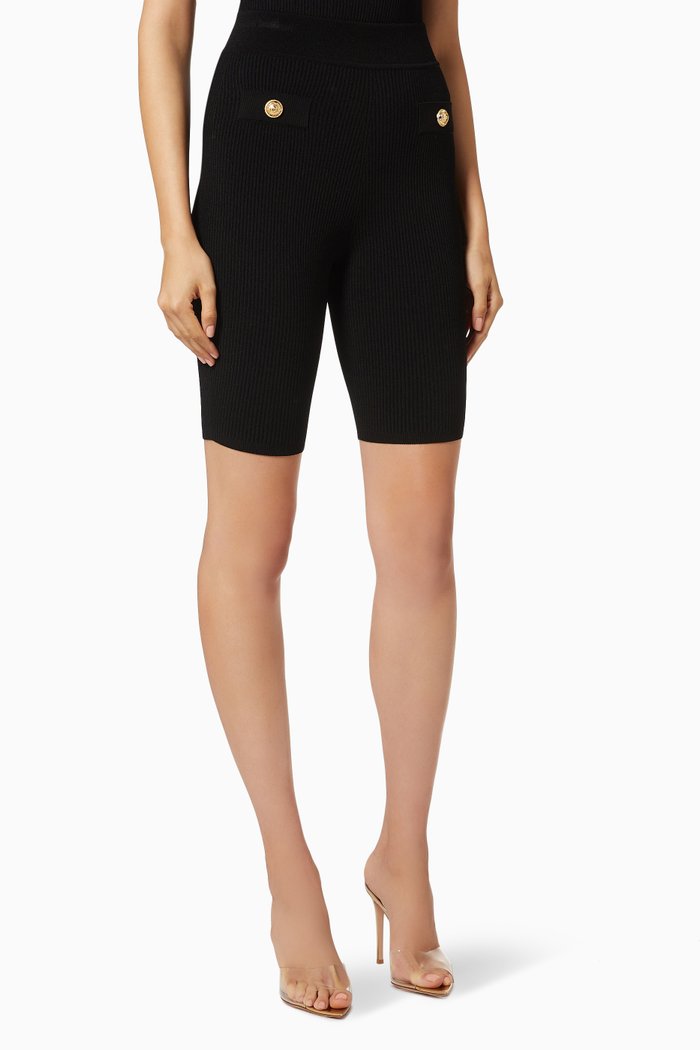

Knit Cycling Shorts with Buttons, Black