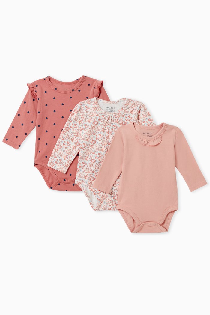 

Ruffled Cotton Bodysuit, Set of 3, Pink