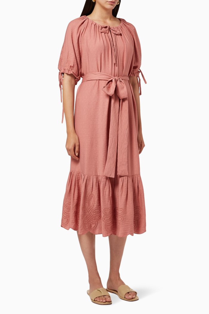 

Frill Embroidered Dress with Belt, Pink