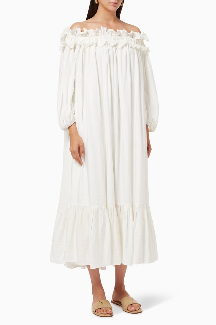 

Ruffle Off Shoulder Dress, White