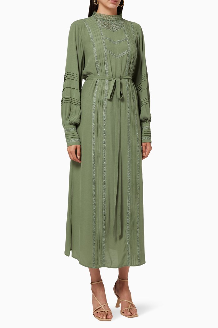 

Lace Panel Dress with Belt, Green